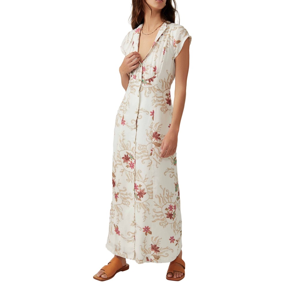 Free People Rosemary Floral Maxi Dress Womens XS Boho Button Front Cap Sleeve